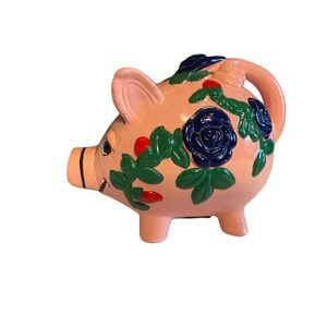 Vintage holiday fair Coin Piggy‎ Bank Ceramic Floral Design Bright Blue flowers